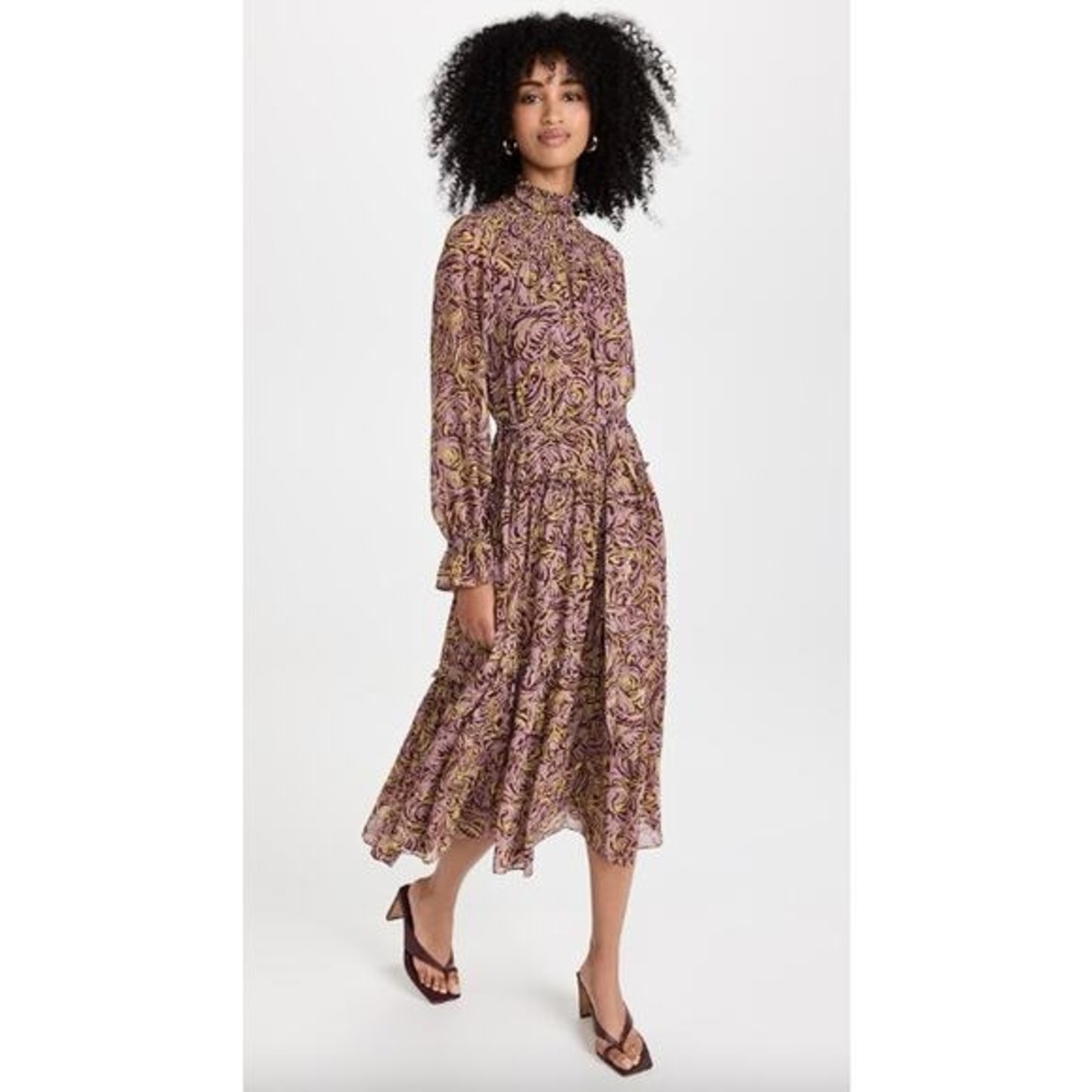 Cinq à Sept Amari Midi Dress Multicolor High Neck Long Sleeve Brown Size Medium